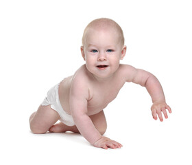 Cute little baby crawling on white background