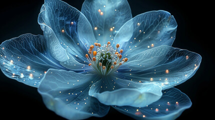 Ethereal bioluminescent flower with six petals arranged symmetrically, emitting radiant glow from its luminous center