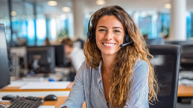 smiling mid woman working as customer support operator with headset in a call center portrait of happy sales agent sitting at desk and looking at camera customer care support service representative n