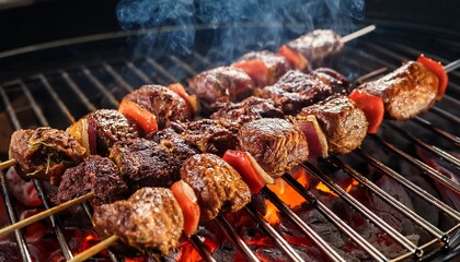 traditional cuisine grilled meat sizzles on open flame showing local cooking style food meat grill bar b q skewer