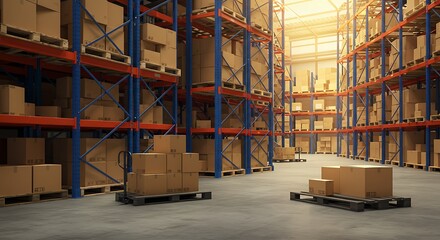 Large Warehouse Interior with Cardboard Boxes on Industrial Shelves
