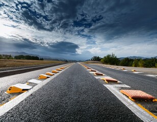 Fototapeta premium perspective view of roadway with speed bumps under an overcast sky scene