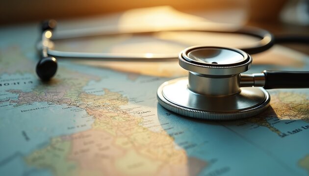 Stethoscope rests on world map, signifying global health awareness, medical travel. Represents international healthcare, doctor journey, diagnostic planning for patients worldwide. Focuses on