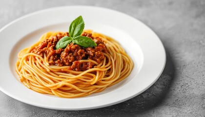 A Close-Up Look At Italian Spaghetti With Meat-Based Bolognese Sauce On A Simple White Plate From A Low Angle Perspective.