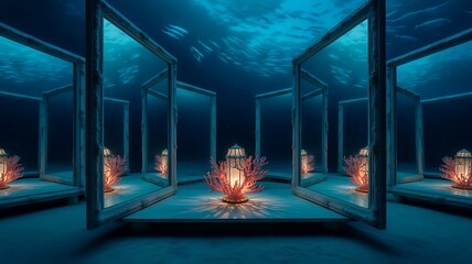 Underwater mirror maze with coral lanterns background