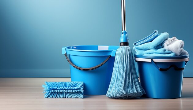 blue cleaning tools including a mop and bucket for efficient home cleaning tasks