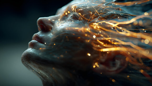 Abstract digital human head with glowing data streams flowing outwards representing artificial intelligence and technology