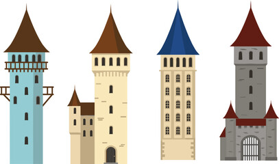 Medieval castle tower flat vector illustration, cartoon fortress building set with various rooftops, ancient architecture design for fantasy game or historic themes © Masum Creatives