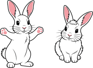 Cute cartoon white rabbits illustration with pink ears and nose, funny bunny vector drawing, adorable pet animal, happy sitting and standing rabbit characters