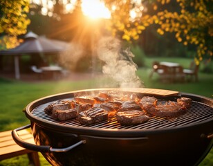 traditional cuisine meat grill outdoors with smoky flavor and golden sunlight ambiance bar b q meat grill food smoke grilling