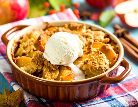 Warm apple crisp dessert served in a ceramic dish, topped with a scoop of vanilla ice cream melting over the caramelized apples.