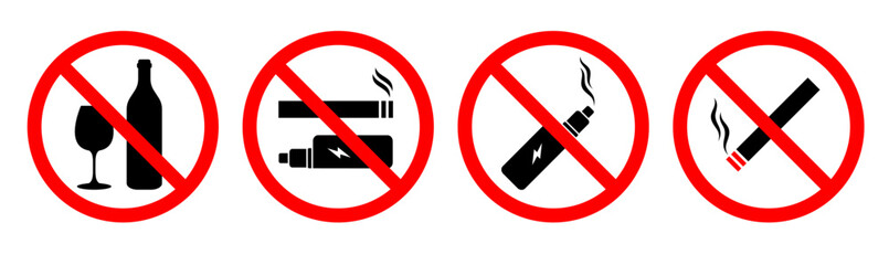 no smoking, vaping or drinking signs set. warning signs for prohibition on alcohol, cigarette and electric cigarette. forbidden signs for hospital, public place, office etc place. 
