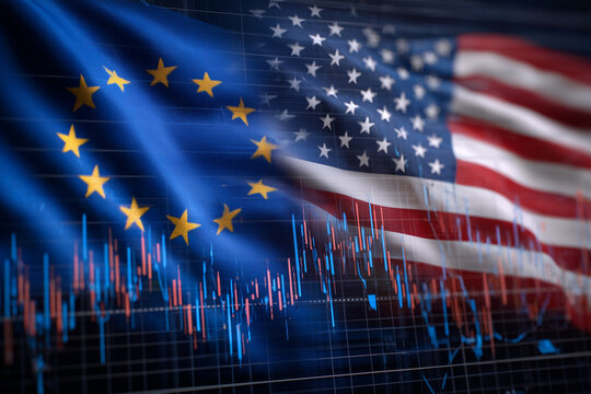 A flag of the United States and the European Union is displayed on a graph