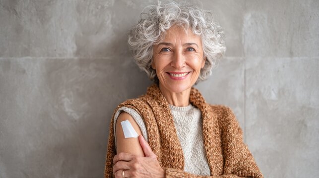 smiling healthy mature older senior happy woman showing bandage on arm after getting vaccination vaccine and old elder people inoculation elderly immunity for covid prevention concept portrait no log