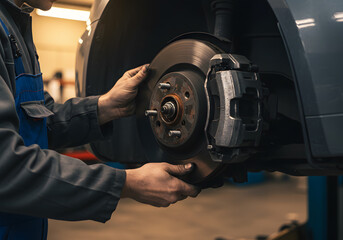Close-Up of a Car Mechanic Working on a Brake Disc and Caliper