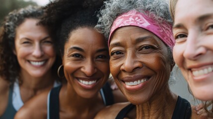 Fototapeta premium happy multi generational women having fun together multiracial friends smiling on camera after sport workout outdoor main focus on african female face no logos no brands ar 169