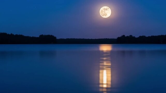Full Moon Shining over a Calm Lake at Night with Reflections