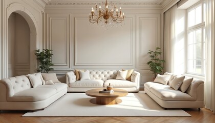 Luxury living room features cream tufted sofas, ornate chandelier, paneled walls. Round wooden coffee table with books sits on plush white rug. Sunlight streams through large windows, illuminating