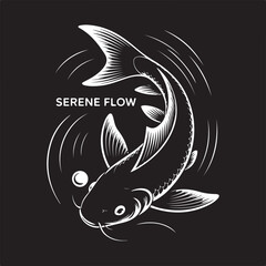 Black Silhouette of Koi Fish with Flowing Fins Isolated on White Background