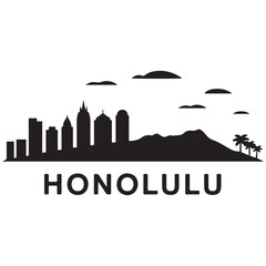 Obraz premium Vector Honolulu skyline. Travel Honolulu famous landmarks. Business and tourism concept for presentation, banner, web site. Vector black silhouette. with white background.
