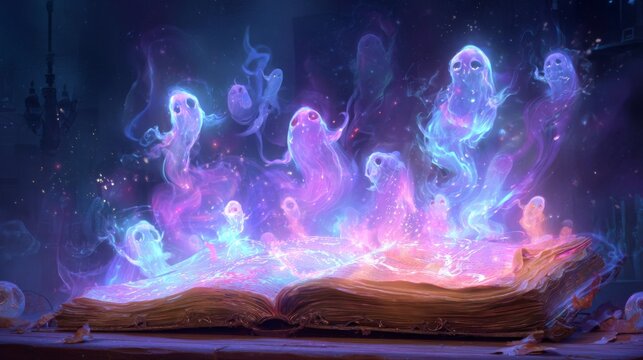 Enchanting Book Releasing Glowing Spirits in a Magical Aura with Ethereal Light and Mysterious Energy
