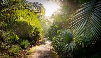 Obraz premium sunlit path amidst lush tropical plants