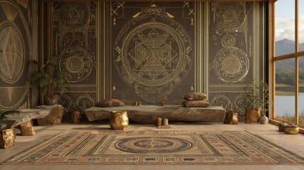 Tranquil Meditation Room Designed with Sacred Geometry Patterns and Natural Elements for a Peaceful Atmosphere