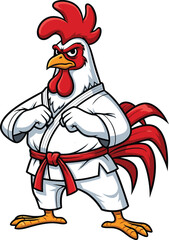 Cartoon rooster in karate gi posing confidently ready for martial arts competition
