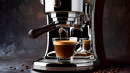 Silver coffee machine brewing espresso in glass cup