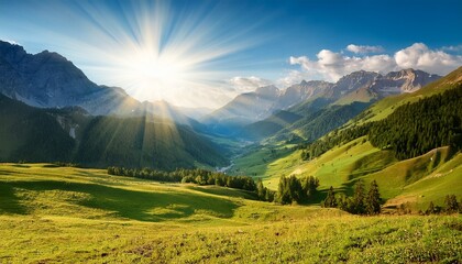 alpine mountain landscape with sun rays over green valley