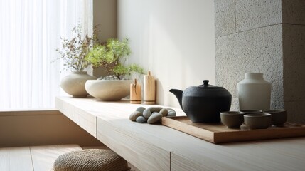 Fototapeta premium Serene Minimalist Kitchen for Tea Ceremony with Natural Elements and Zen Aesthetics