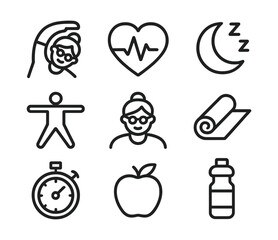 Simple fitness and health icons featuring workout, meditation, and wellness elements