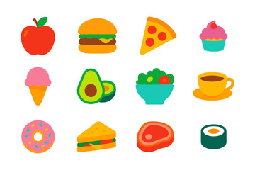 Colorful flat icons of popular foods and beverages for modern designs