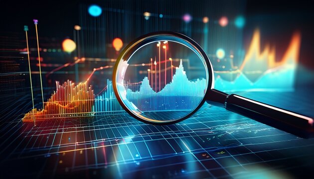 a magnifying glass focuses on financial charts and graphs highlighting data analysis and business growth insights