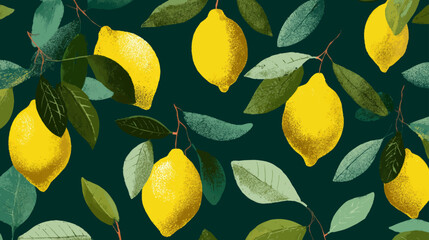 Elegant seamless dark green background with bright yellow lemons and green leaves in tropical citrus pattern for kitchen decor and packaging design