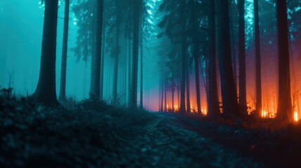 Fototapeta premium Enchanted forest at twilight with glowing embers illuminating the path amidst towering trees