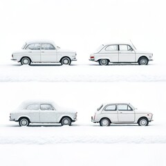 Fototapeta premium Four vintage white cars parked in the snow covered ground with a bright white background in a square format