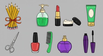 Collection of beauty products and accessories isolated on grey  background