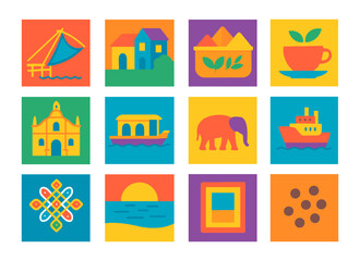 Colorful icons celebrating indian culture with elephants, boats, and traditional patterns