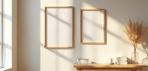 Minimalist interior with natural light streaming through window, casting shadows on wall. Features wooden table with stack of books, cup of coffee, vase holding dried pampas grass. Two empty wooden