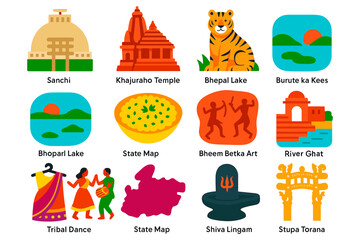 Naklejka premium Icon set of indian cultural and natural heritage: temples, wildlife, dance, and landmarks