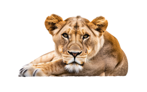 Big female lion isolated on white background, png