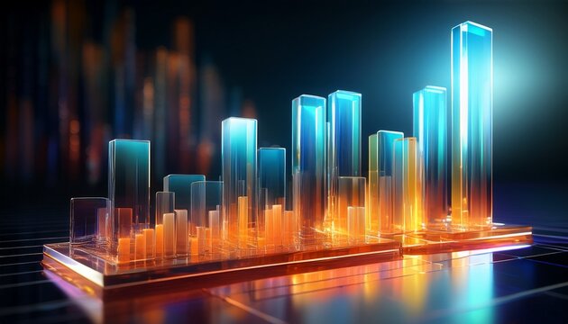 an abstract 3d bar chart showing exponential growth with the bars made of glowing translucent glass on a dark corporate background financial data visualization - Powered by Adobe