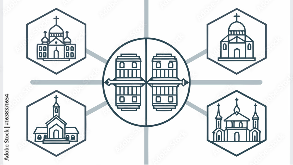 Poster illustration showing five buildings in hexagonal frames connected to a central circle design | edita