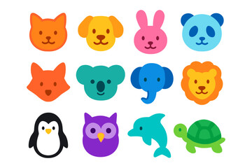 Cute animal faces collection with bright colors and simple design for kids' projects