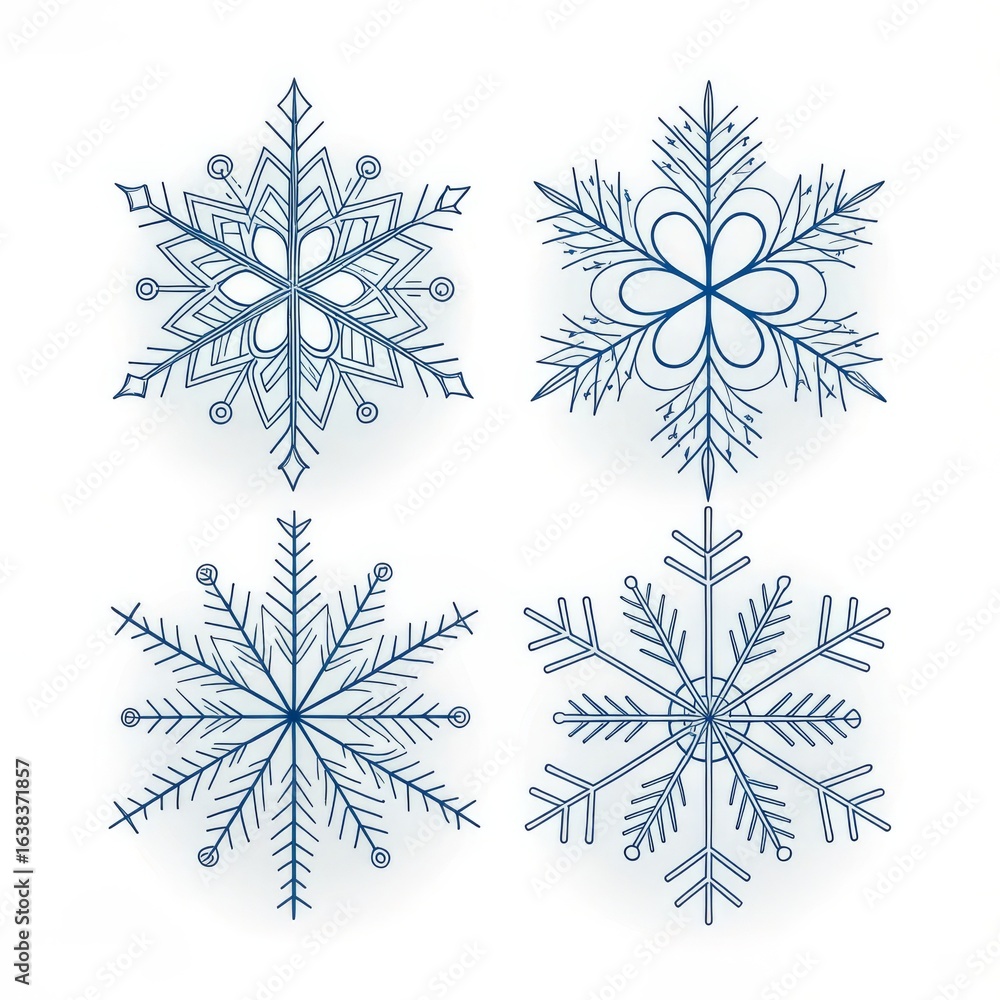 Poster a collection of four blue snowflake designs with intricate patterns on a white isolated background