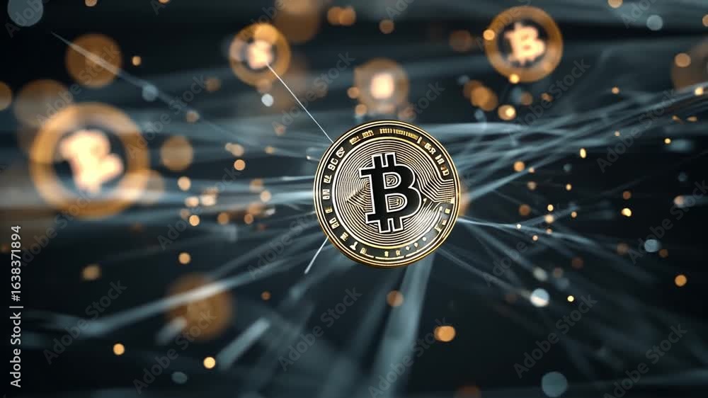 Poster bitcoin network: a detailed, artistic representation of a bitcoin amidst a network of glowing lines 