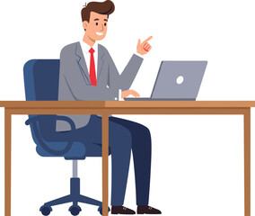 Businessman working laptop, office chair pose, corporate man pointing, confident employee flat style, vector illustration for workplace, cartoon style business concept