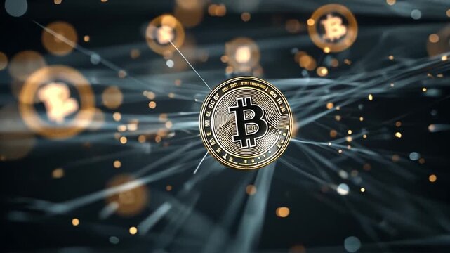 Bitcoin Network: A detailed, artistic representation of a Bitcoin amidst a network of glowing lines and digital nodes, symbolizing the complex structure of digital currency.
