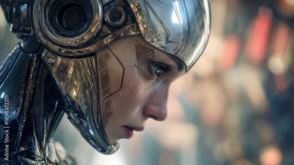 Poster cyberpunk reflection: a futuristic portrait of a cyborg with a contemplative expression, highlightin